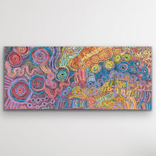 Load image into Gallery viewer, Full image of Pilitati Tjukurpa by Rhoda Tjitayi showing the full composition of circular motifs and flowing pathways in pinks, blues and yellows.