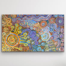 Load image into Gallery viewer, Full image of Piltati Tjukurpa by Rhoda Tjitayi, showing oranges, blues and yellows illustrating the sisters’ Dreaming story.