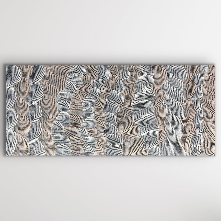 Original Aboriginal painting “Sand Dunes (Tali)” by Maureen Nampijinpa Hudson featuring neutral desert tones and flowing patterns