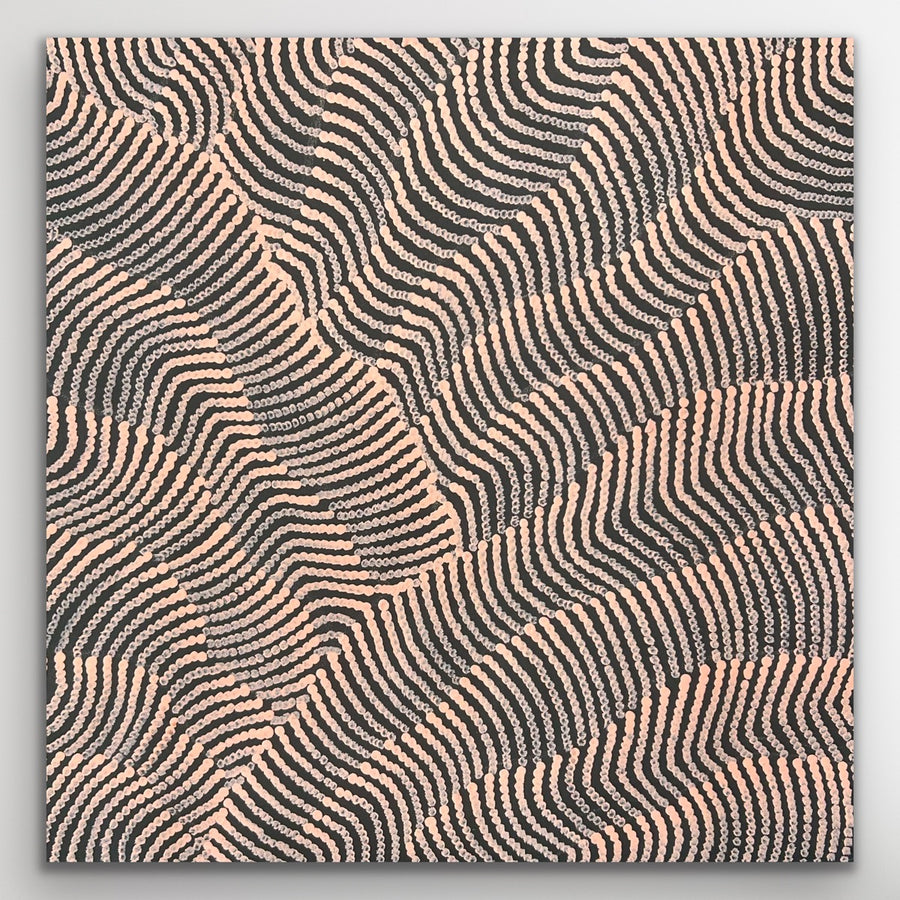 Full view of Maureen Nampijinpa Hudson’s Sand Dunes Tali artwork showing parallel dune style line work and dot textures.