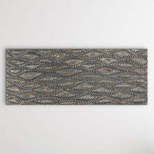 Load image into Gallery viewer, Indigenous Seed Dreaming artwork by Marshall Jangala Robertson, 90cm x 36cm, shown horizontally with detailed flowing dot work against a white wall.
