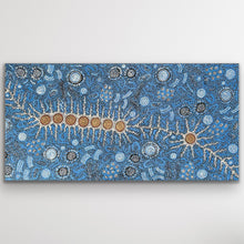 Load image into Gallery viewer, Seven Sisters Dreaming Aboriginal art canvas print by Michelle Possum Nungurrayi featuring blue ceremonial pathways and dot detailing