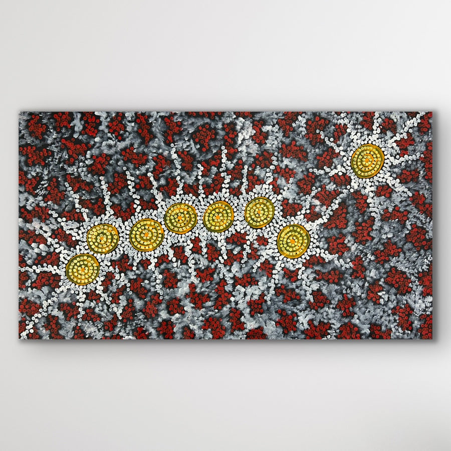 Aboriginal artwork Seven Sisters Dreaming by Michelle Possum Nungurrayi in vibrant tones