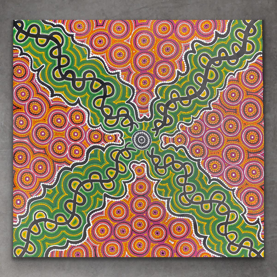 "Snake Vine Dreaming" Vivienne Nakamarra Kelly 90cm x 93cm green red pink black yellow original aboriginal painting Australia