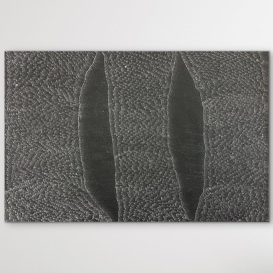 Full view of Tali (Sandhills) by Dulcie Kelly Nangala showing soft grey tones and layered dot work inspired by Central Australian dunes.