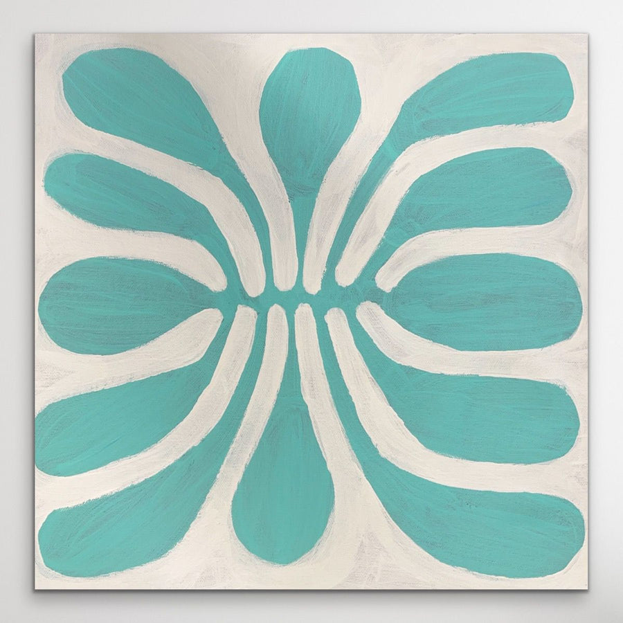 Teal Mulga Leaves painting on white wall