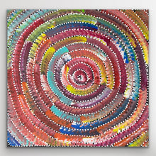 Load image into Gallery viewer, Full view of the circular Aboriginal painting Circle of Life featuring rhythmic red, yellow, and blue dot patterns symbolising harmony and connection.