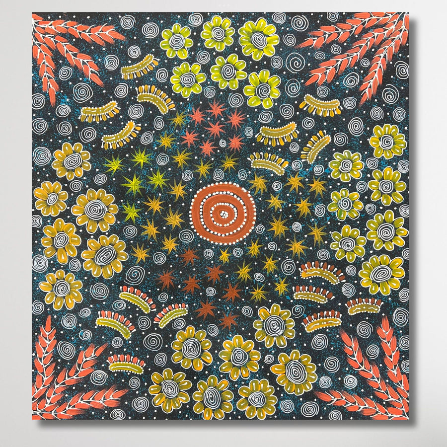 Bush Medicine Leaves and Bush Flower by Joylene Pope, 93cm x 87cm. Authentic Aboriginal artwork from Central Australia featuring vibrant bush medicine leaves and native wildflowers.