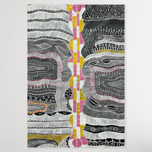 Load image into Gallery viewer, Close-up of 'Mina Mina Dreaming' by Alice Granites Napanangka, highlighting the intricate details of the sand dunes and Dreaming symbols.