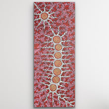 Load image into Gallery viewer, Full vertical photo showing red and white dot work in Seven Sisters Dreaming painting