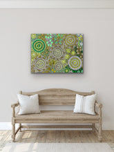 Load image into Gallery viewer, Aboriginal art print Budgerigar Dreaming Wild Green Country styled above a modern sofa