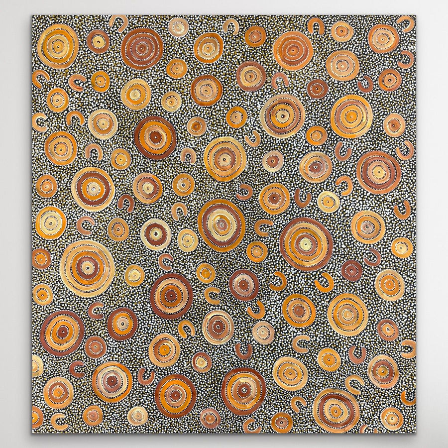 "Gathering and Waterholes" original Aboriginal painting by Stephen Pitjara, 94cm x 88cm - authentic Indigenous Australian artwork