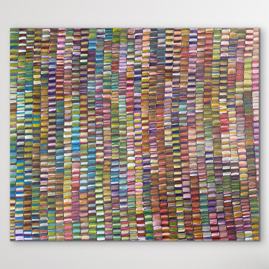 Original Aboriginal artwork Bush Medicine Trees by Bernadine Johnson Kemarre available from Art by Farquhar, featuring colourful traditional patterns and detailed vertical mark making.