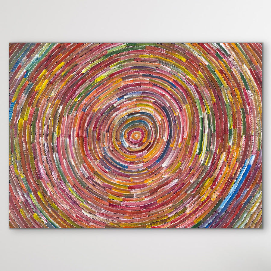 Original Aboriginal artwork Circle of Life by Bernadine Johnson Kemarre, 99cm x 72cm, featuring vibrant concentric circles and colourful traditional patterns, available from Art by Farquhar.