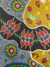 Load image into Gallery viewer, Colorful abstract design with flowers, insects, and geometric patterns on a black background.