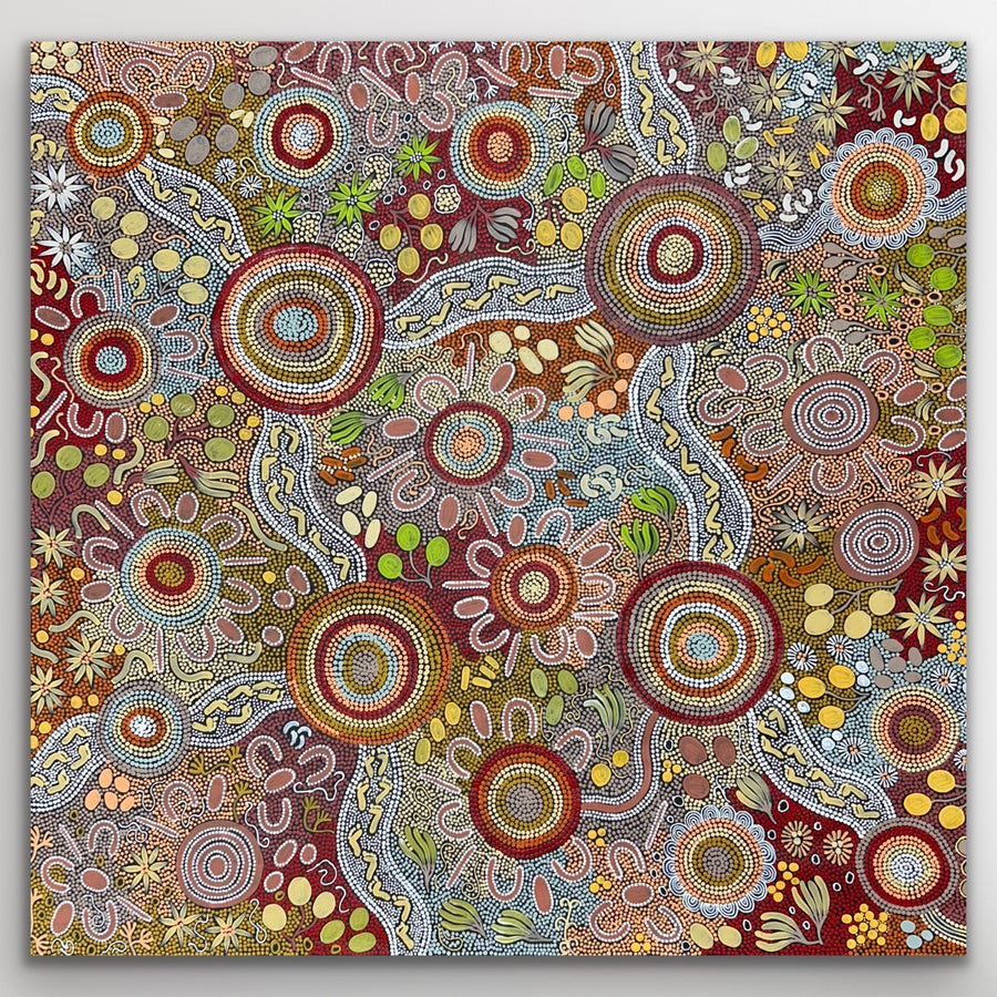 "Women Hunting Bush Tucker" original Aboriginal painting by Julieanne Turner Nungurrayi, 140cm x 136cm - authentic Indigenous Australian artwork
