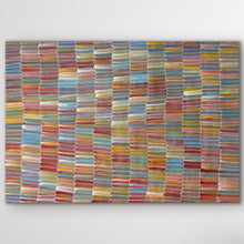 Load image into Gallery viewer, Full view of Jeannie Mills Pwerle’s Yam Dreaming painting featuring colourful linear strokes and fine dot details.