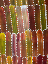 Load image into Gallery viewer, Yam Dreaming vertical stripes in brown, green, and red with white dots.