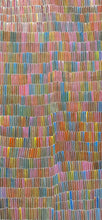 Load image into Gallery viewer, Full view of Yam Dreaming painting by Jeannie Mills Pwerle featuring flowing rainbow colours and dot art 213cm x 104cm