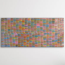 Load image into Gallery viewer, Yam Dreaming rainbow Aboriginal painting by Jeannie Mills Pwerle displayed horizontally on white wall 213cm x 104cm