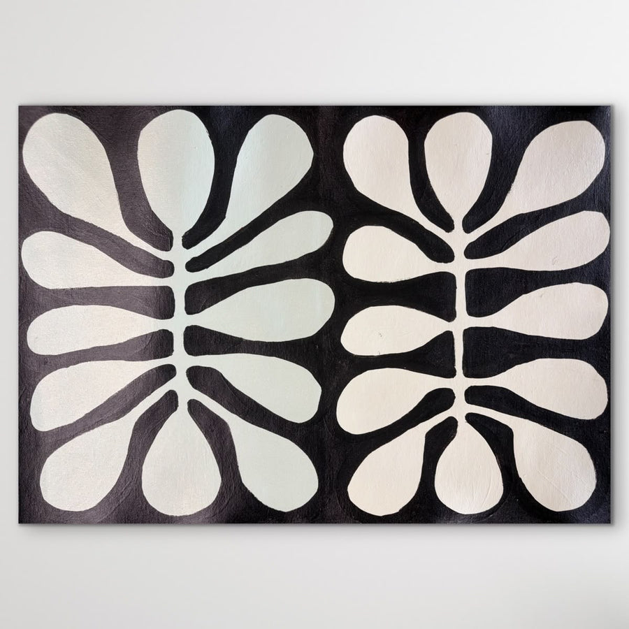 Acacia Leaves Watiya Tjuta by Debra Nangala McDonald featuring white and very light green grey acacia leaf forms on a dark background