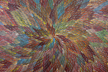 Load image into Gallery viewer, Bernadine Johnson Kemarre painting Bush Medicine Leaves showing Kurrajong healing leaves and seed regeneration dots - Anmatyerre women's ceremony art