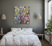 Load image into Gallery viewer, "Bush Yam Dreaming" painting by Jeannie Mills Pwerle, an Aboriginal artwork displayed in modern bedroom