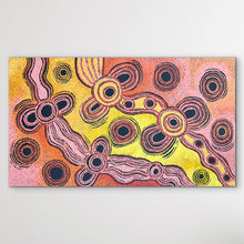 Load image into Gallery viewer, Aboriginal art piece with circular patterns on a pink and yellow with black background