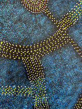 Load image into Gallery viewer, blue, yellow, red and white detailed dot painting close up