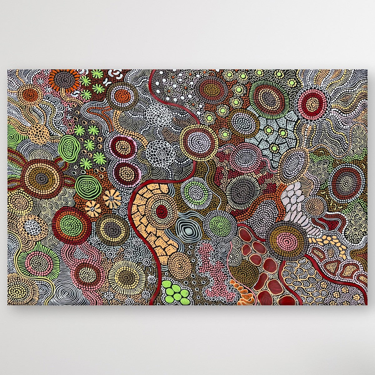 "My Country and Budgerigar Story" original Aboriginal painting by Julieanne Turner Nungurrayi, 119cm x 78cm - authentic Indigenous Australian artwork