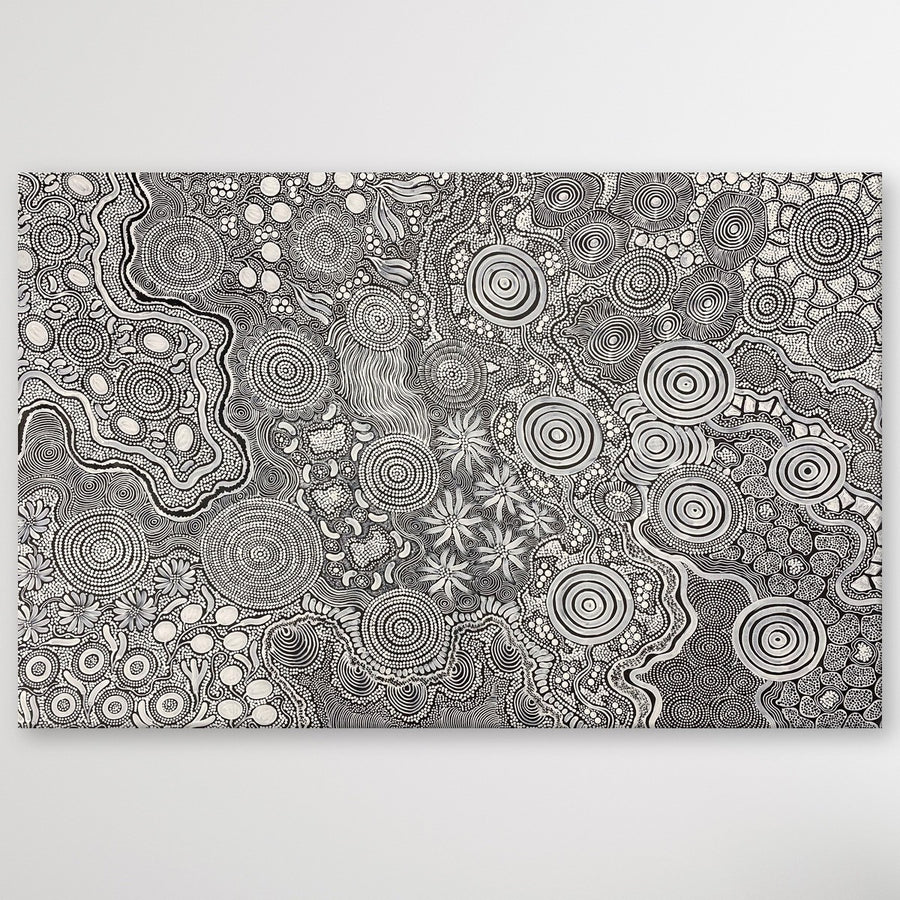 "Budgerigar Dreaming Story & Bush Tucker" original Aboriginal painting by Julieanne Turner Nungurrayi, 171cm x 110cm - authentic Indigenous Australian artwork