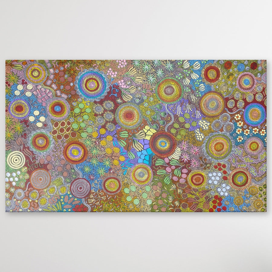 "Budgerigar Dreaming & Bush Tucker Story" original Aboriginal painting by Julieanne Nungurrayi Turner, 197cm x 115cm - authentic Indigenous Australian artwork