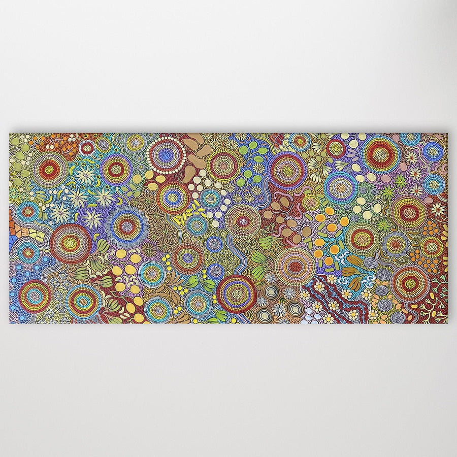 "Budgerigar & Bush Tucker" by Julieanne Nungurrayi Turner - hero wall view, 195cm x 89cm