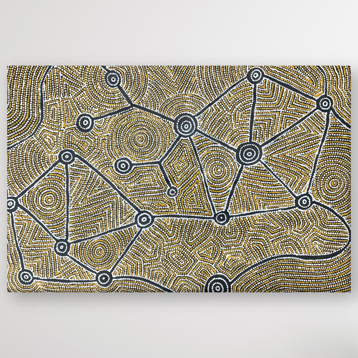 "Seven Sisters Dreaming" Shanna Napanangka Williams 91cm x 60cm painting displayed on a wall