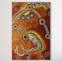 Load image into Gallery viewer, Teresa Baker 'Minyma Malilu' desert-toned print showing ochre/sienna bush food foraging and inma dance tracks - Pitjantjatjara Tjukurpa