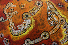 Load image into Gallery viewer, Teresa Baker 'Minyma Malilu' desert-toned print showing ochre/sienna bush food foraging and inma dance tracks - Pitjantjatjara Tjukurpa