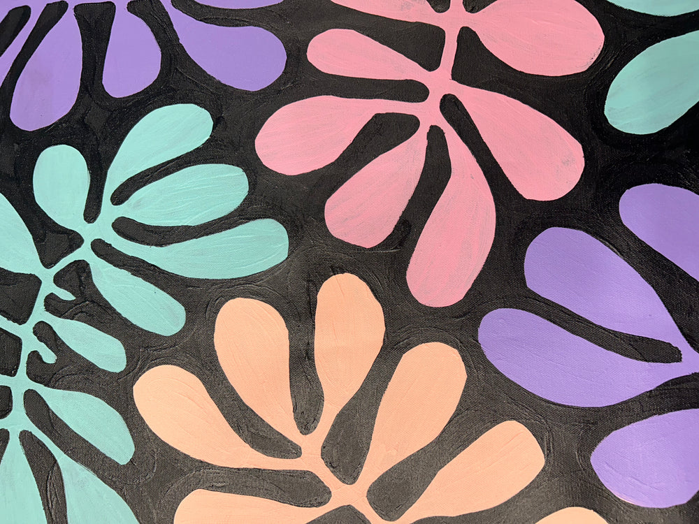 Close-up detail of Mulga Trees painting by Debra Nangala McDonald with black background