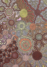 Load image into Gallery viewer, close up of original indigenous painting with brown, pink and yellow tones
