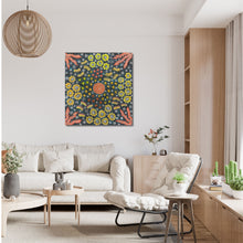 Load image into Gallery viewer, Bush Medicine Leaves and Bush Flower by Joylene Pope, 93cm x 87cm. Authentic Aboriginal artwork from Central Australia featuring vibrant bush medicine leaves and native wildflowers.
