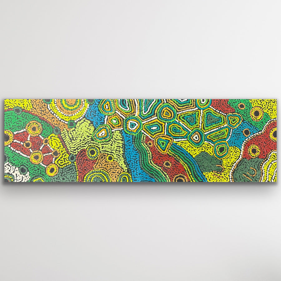 "Minyma Kutjara" original Aboriginal painting by Cassyanne Woods, 102cm x 32cm - authentic Indigenous Australian artwork