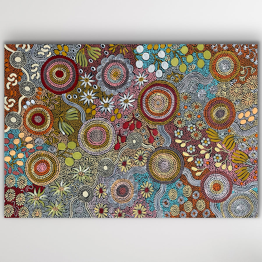 "Budgerigar Dreaming and Bush Tucker" original Aboriginal painting by Julieanne Turner Nungurrayi, 115cm x 79cm - authentic Indigenous Australian artwork