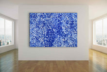 Load image into Gallery viewer, bessie pitjara blue painting on a white wall in a room with large windows.
