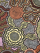 Load image into Gallery viewer, Colorful Indigneous pattern with concentric circles and organic shapes on a brown background
