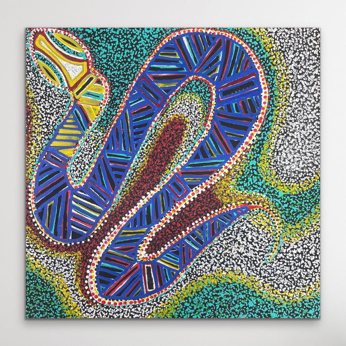 Original Aboriginal artwork “Piltati Tjukurpa” by Rhoda Tjitayi depicting Dreaming story of two sisters and water snakes