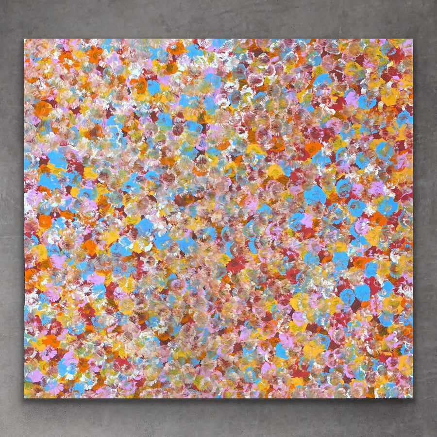 "Bush Plums" original Aboriginal painting by Bessie Pitjara, 88cm x 95cm - authentic Indigenous Australian artwork
