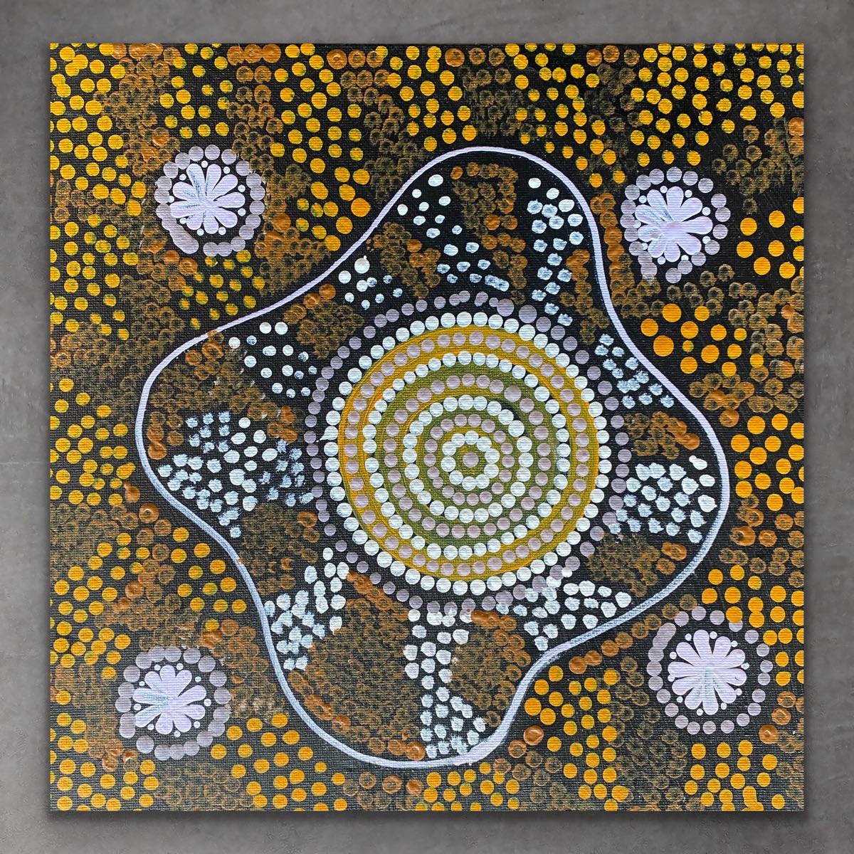 "Seed Dreaming (Marlga Seeds)" original Aboriginal painting by Maureen Nampijinpa Hudson, 30cm x 30cm - authentic Indigenous Australian artwork
