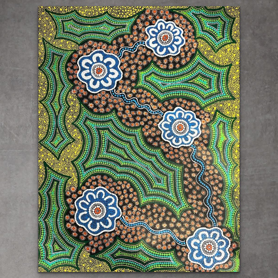 "Rain and Water Dreaming" original Aboriginal painting by Vivienne Nakamarra Kelly, 119cm x 91cm - authentic Indigenous Australian artwork