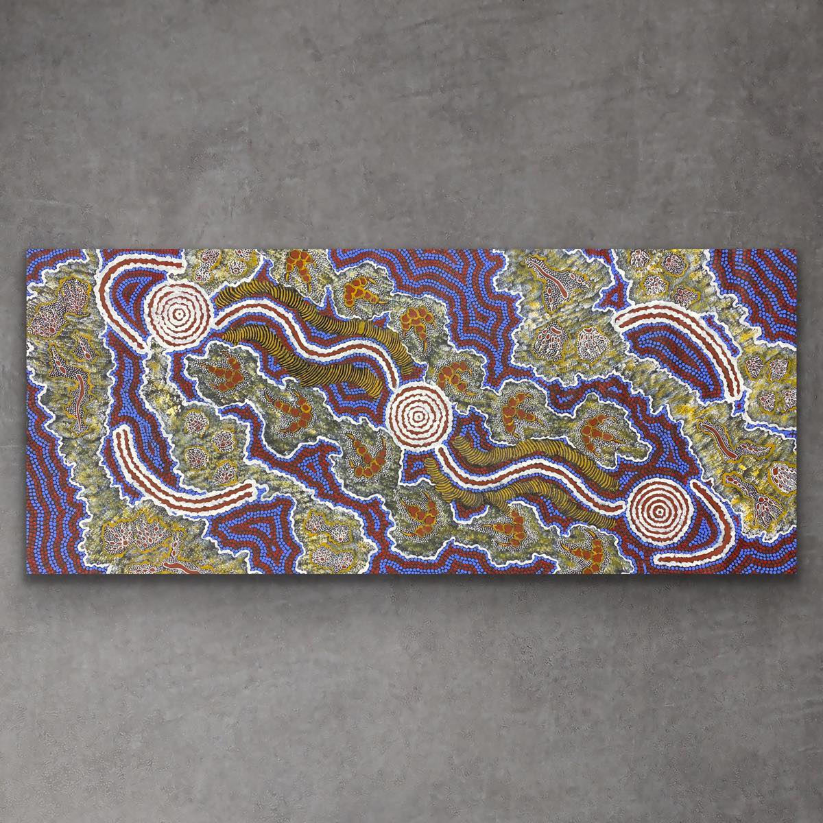 "Warluklongu Fire Dreaming" original Aboriginal painting by Raymond Daniels, 205cm x 89cm - authentic Indigenous Australian artwork