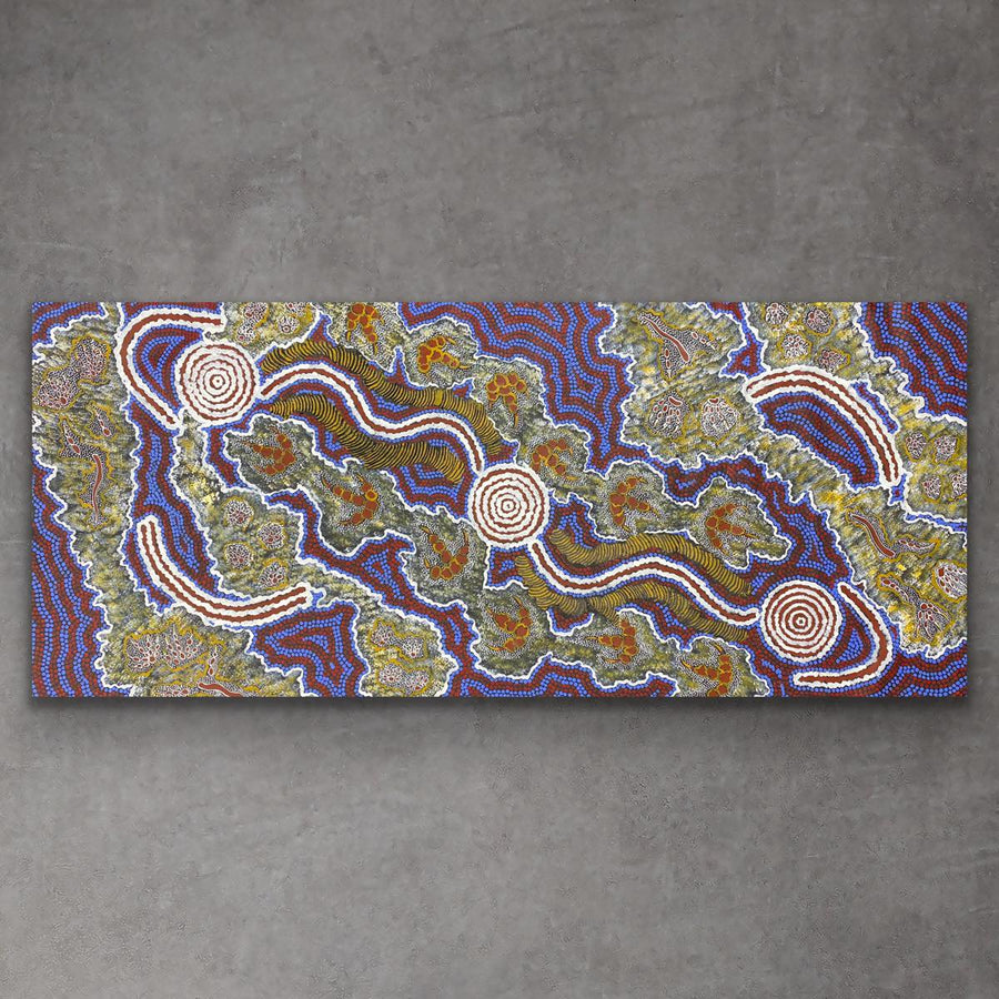 "Warluklongu Fire Dreaming" original Aboriginal painting by Raymond Daniels, 205cm x 89cm - authentic Indigenous Australian artwork