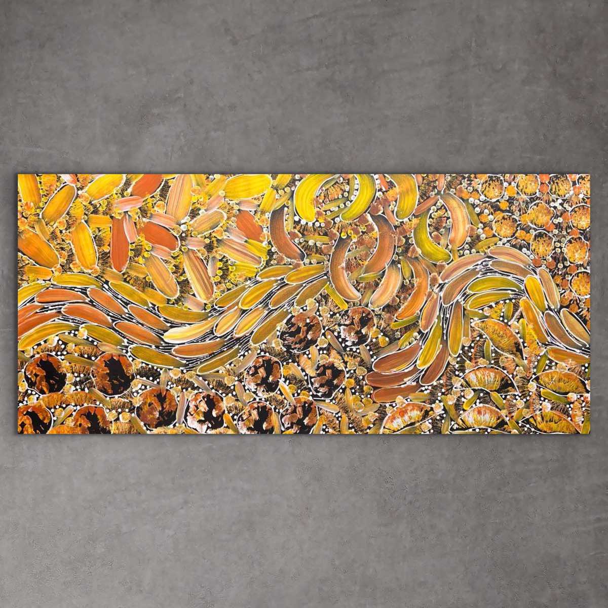 "Yam Dreaming" original Aboriginal painting by Rachael Nambula, 42cm x 90cm - authentic Indigenous Australian artwork